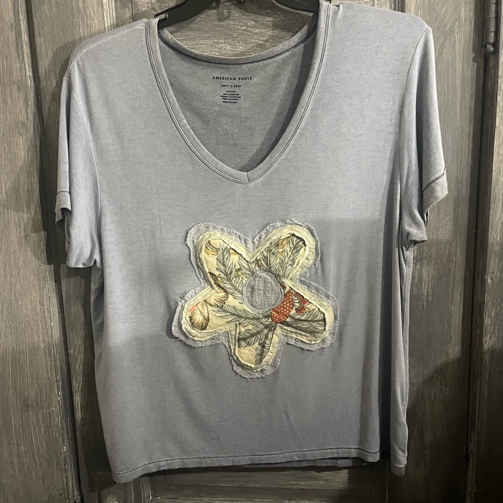 American Eagle Outfitters Blue V-Neck Top Upcycled with Floral Patch